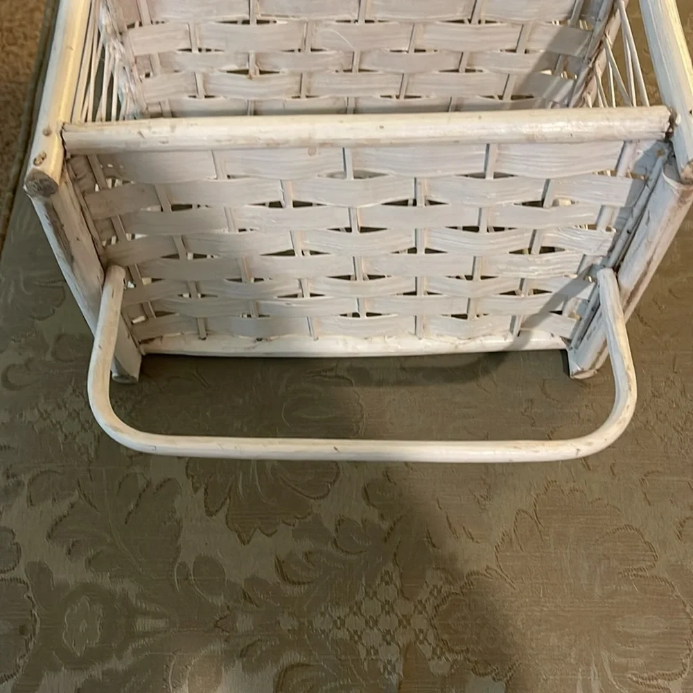 Vintage White Wicker Rattan 3 Tier Wall Shelf with Towel Bar-Boho MCM